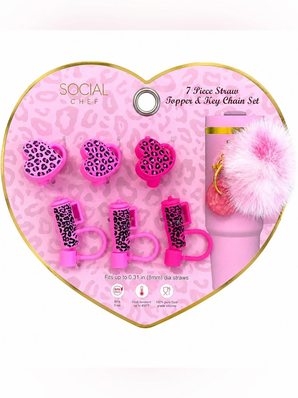 Pink Leopard Straw Toppers & Key Chain Set